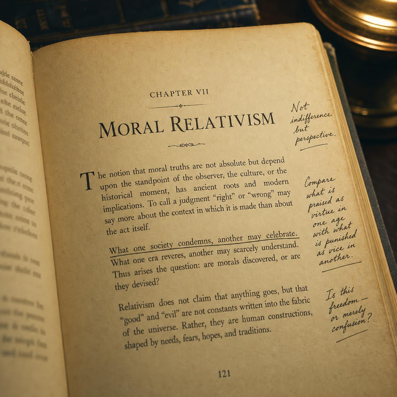 Open sample page from The Civilizational Vocabulary showing a chapter titled Moral Relativism with handwritten margin notes